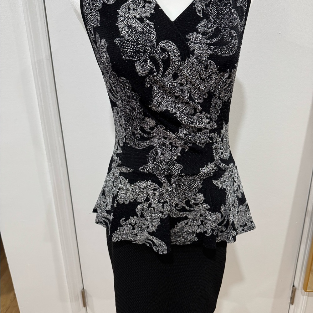 Black Peplum Dress with Silver Lace Overlay